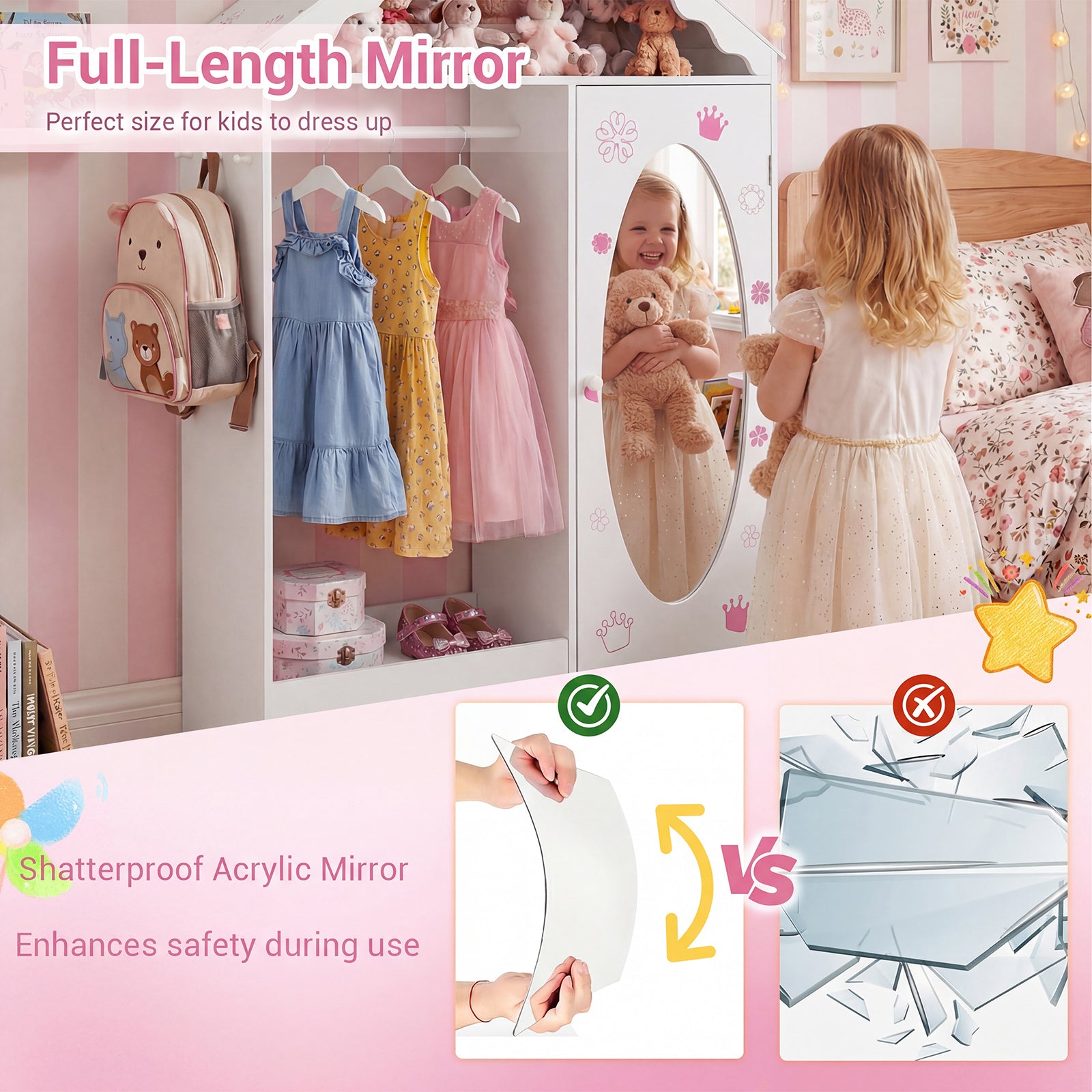 Kids Dress Up Storage with Mirror Roofed Wardrobe Closet with Open Hanging Rack-White