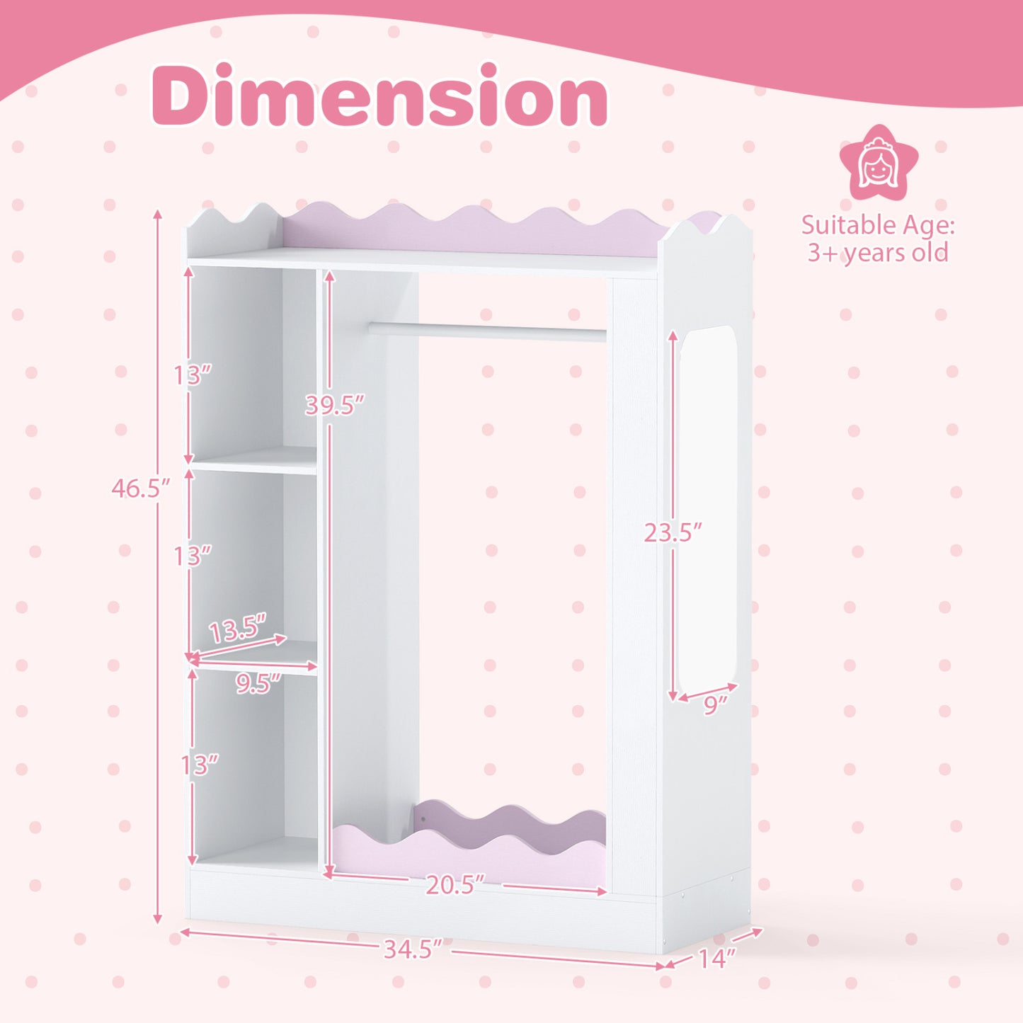 Kids Dress Up Storage with Mirror and Hanging Rack - Pink