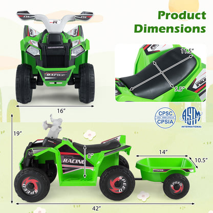 6V Kids Electric ATV Quad Car with Detachable Trailer-Green