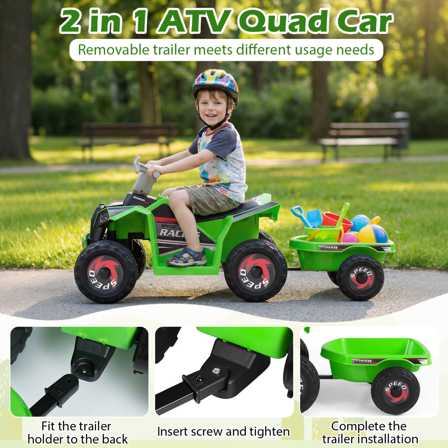 6V Kids Electric ATV Quad Car with Detachable Trailer-Green