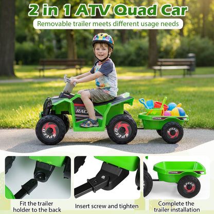 6V Kids Electric ATV Quad Car with Detachable Trailer-Green