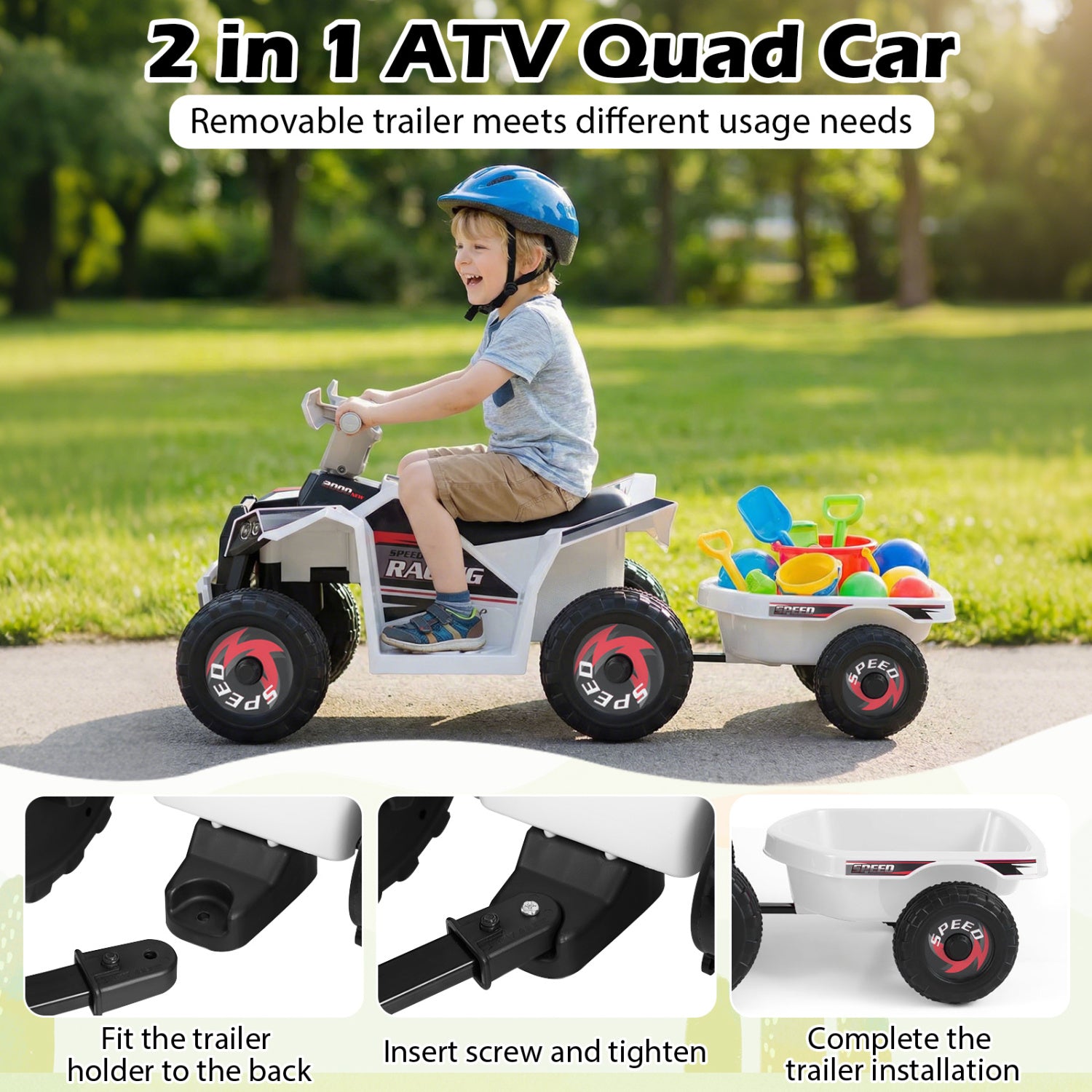 6V Kids Electric ATV Quad Car with Detachable Trailer-White