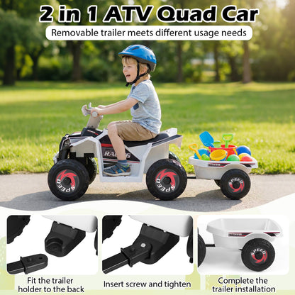 6V Kids Electric ATV Quad Car with Detachable Trailer-White
