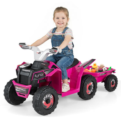 6V Kids Electric ATV Quad Car with Detachable Trailer-Rose Red