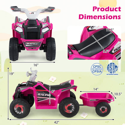 6V Kids Electric ATV Quad Car with Detachable Trailer-Rose Red