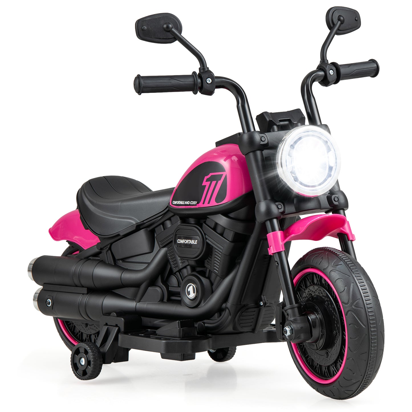 Kids Electric Motorcycle with Training Wheels and LED Headlights-Red - Pink