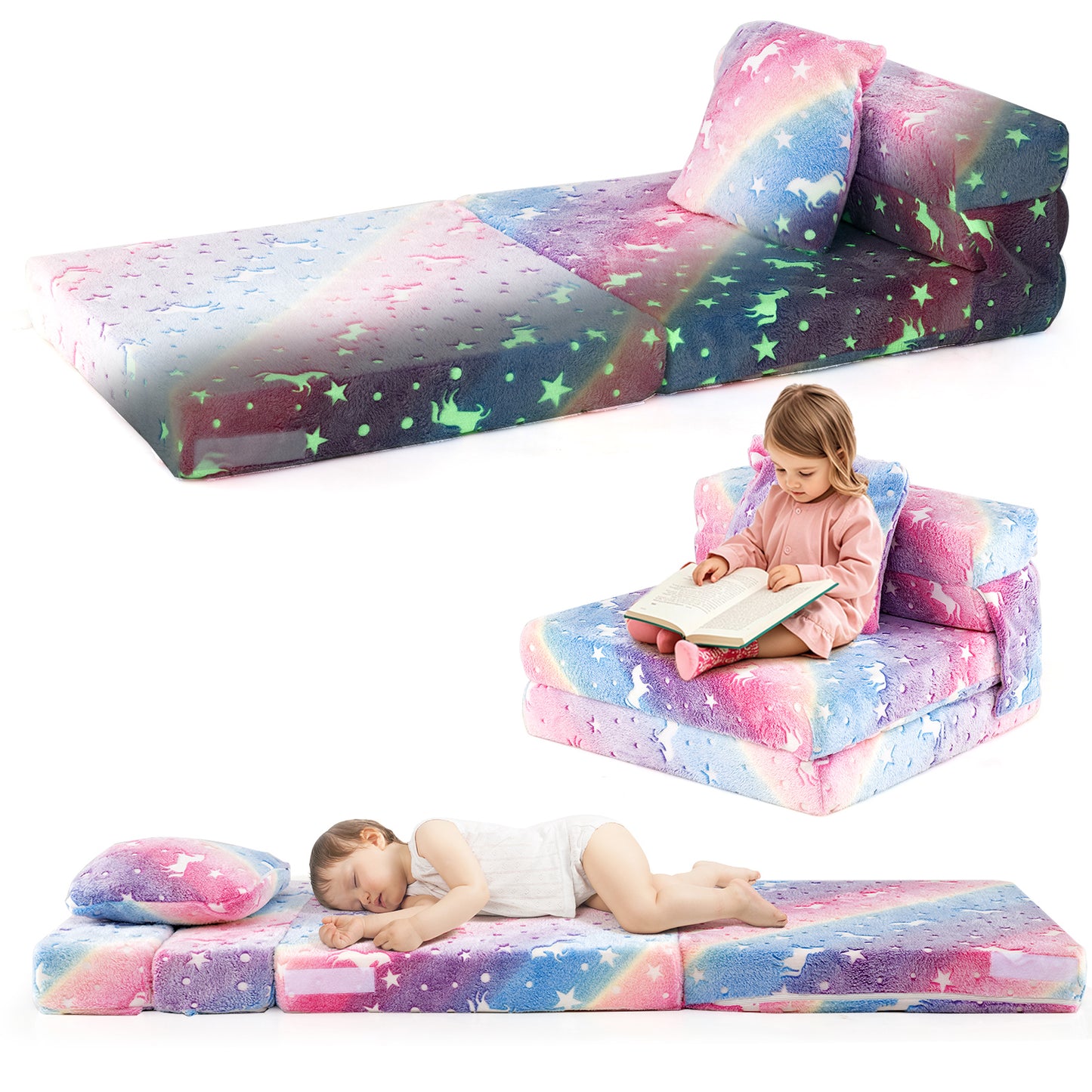 Kids Folding Sofa Bed Floor Mattress Glow in the Dark with Pillow