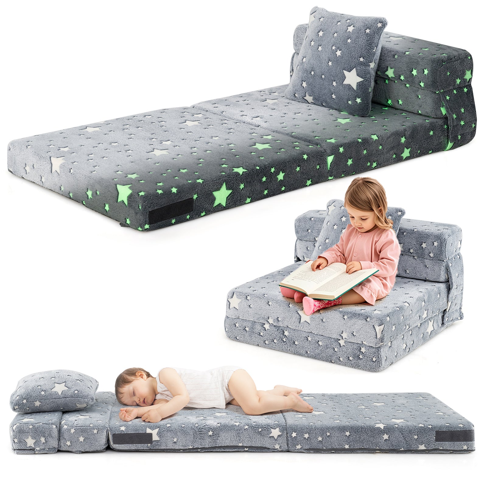 Kids Folding Sofa Bed Floor Mattress Glow in the Dark with Pillow-Multicolor - Gray