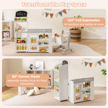 Kids Grocery Store Playset Convertible Wooden Play Store with Shopping Cart-White