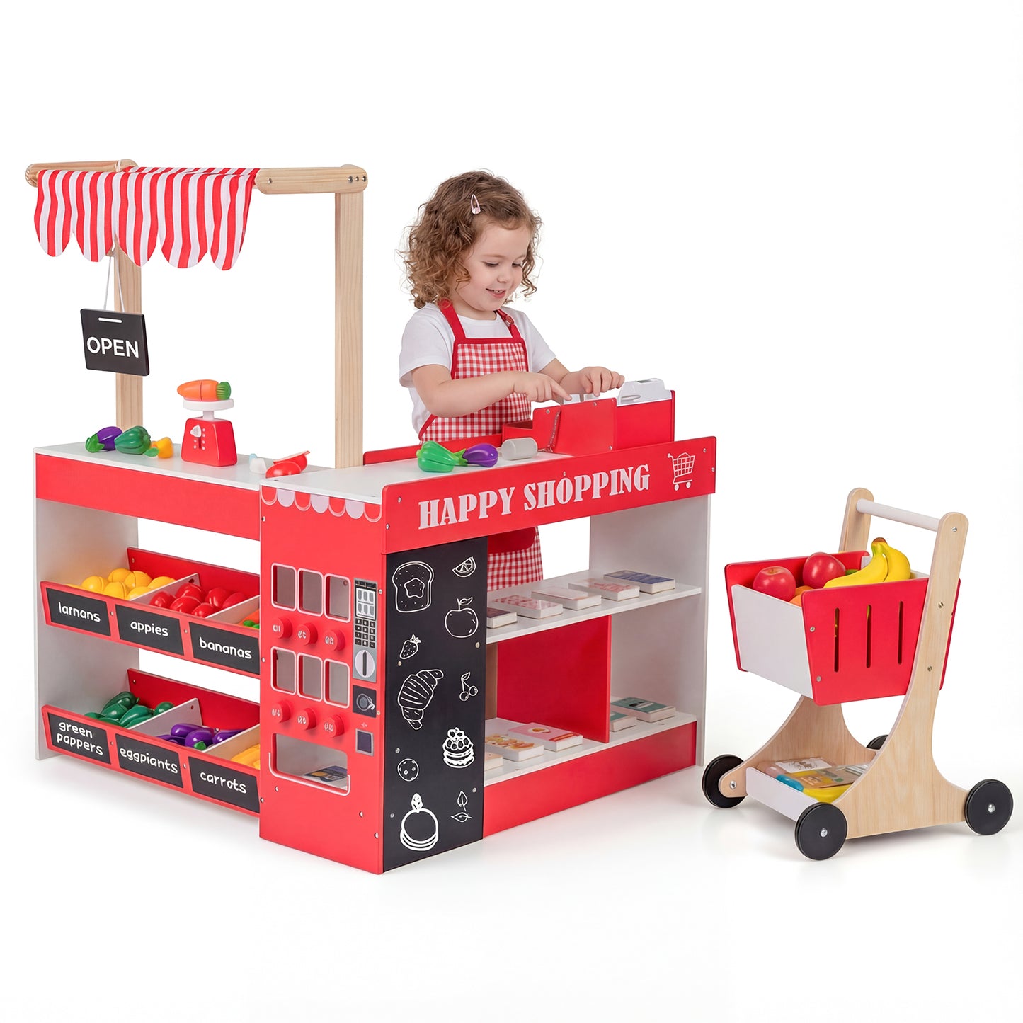 Kids Grocery Store Playset Wooden Pretend Play Supermarket with Shopping Cart-Red