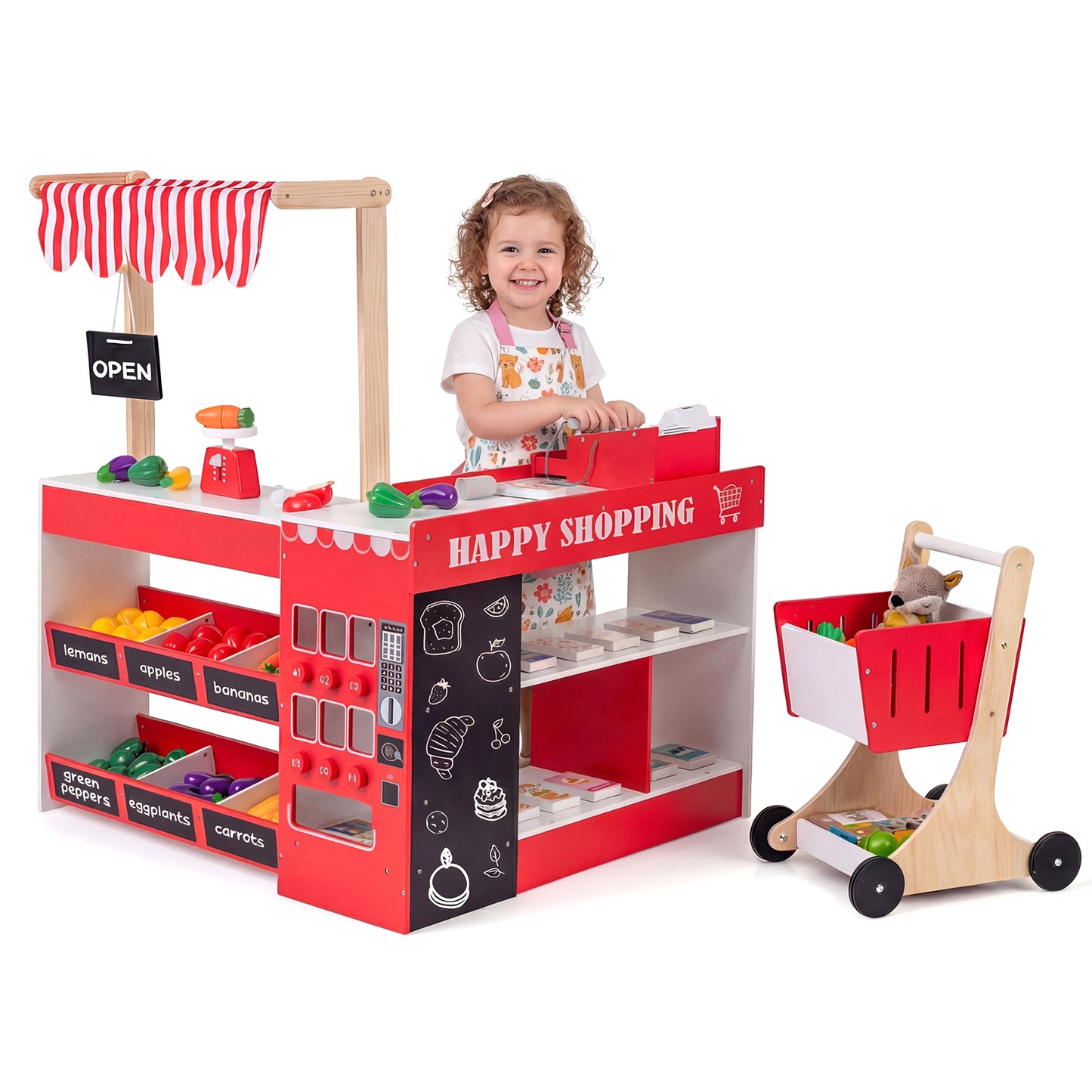 Kids Grocery Store Playset Wooden Pretend Play Supermarket with Shopping Cart-Red