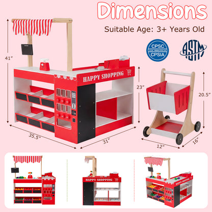Kids Grocery Store Playset Wooden Pretend Play Supermarket with Shopping Cart-Red
