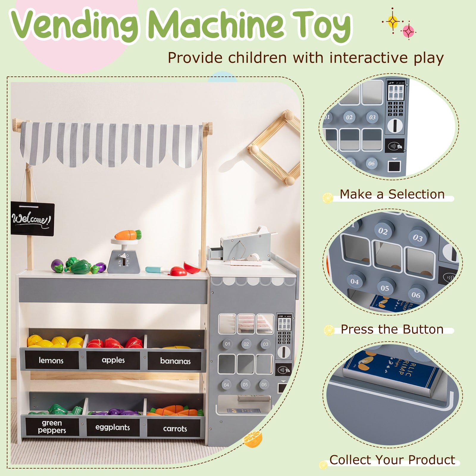 Kids Grocery Store Playset Wooden Pretend Play Supermarket with Shopping Cart-Gray