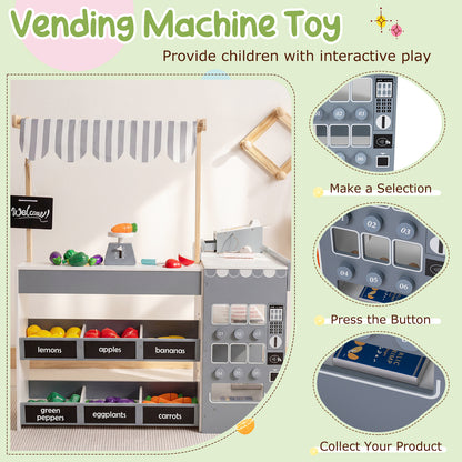 Kids Grocery Store Playset Wooden Pretend Play Supermarket with Shopping Cart-Gray