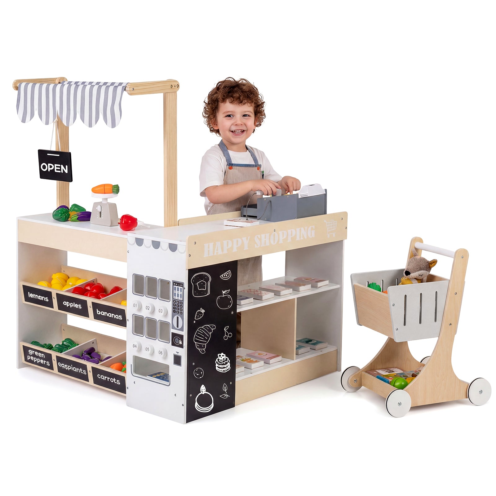 Kids Grocery Store Playset Wooden Pretend Play Supermarket with Shopping Cart-Natural