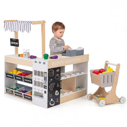 Kids Grocery Store Playset Wooden Pretend Play Supermarket with Shopping Cart-Natural