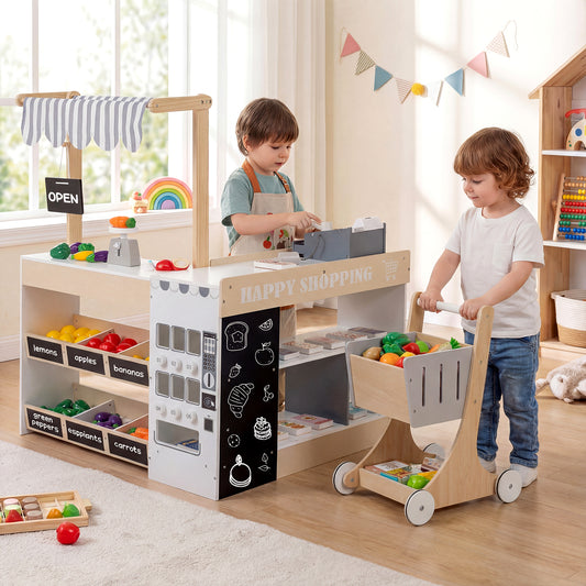 Kids Grocery Store Playset Wooden Pretend Play Supermarket with Shopping Cart-Natural