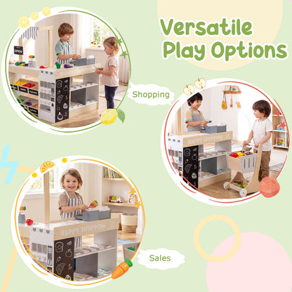 Kids Grocery Store Playset Wooden Pretend Play Supermarket with Shopping Cart-Natural