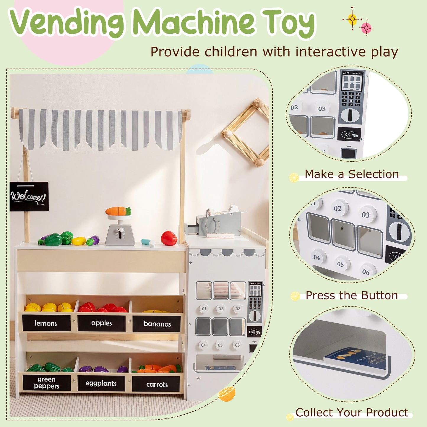 Kids Grocery Store Playset Wooden Pretend Play Supermarket with Shopping Cart-Natural