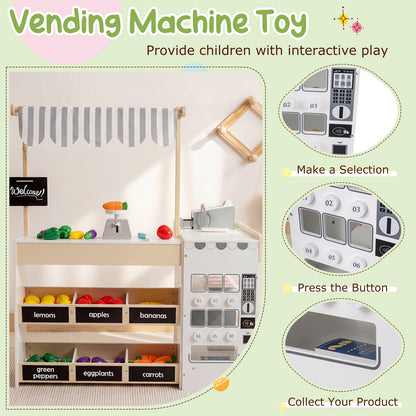 Kids Grocery Store Playset Wooden Pretend Play Supermarket with Shopping Cart-Natural