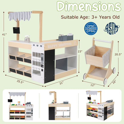 Kids Grocery Store Playset Wooden Pretend Play Supermarket with Shopping Cart-Natural