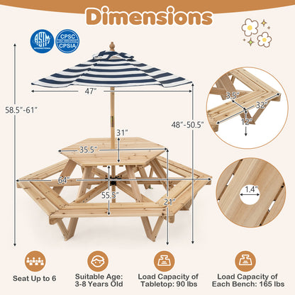 Kids Hexagonal Picnic Table with Umbrella and 6 Benches