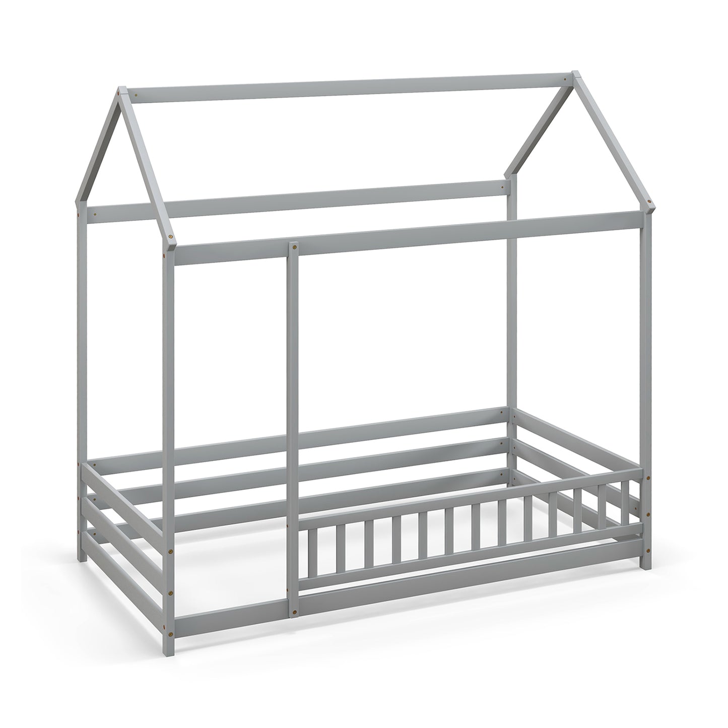 Twin Size Kids House Bed Wooden Floor Bed with Roof and Full-length Safety Guardrail