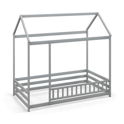 Twin Size Kids House Bed Wooden Floor Bed with Roof and Full-length Safety Guardrail