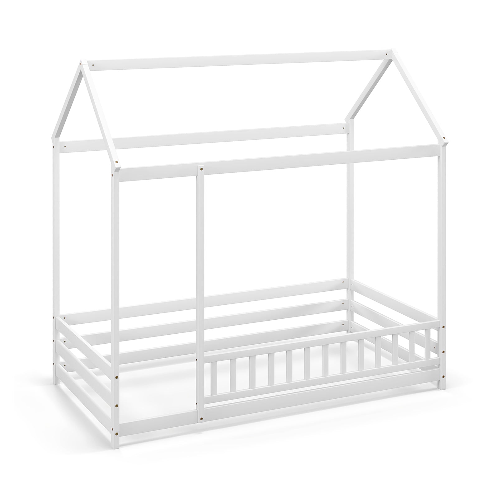 Twin Size Kids House Bed Wooden Floor Bed with Roof and Full-length Safety Guardrail-White - White