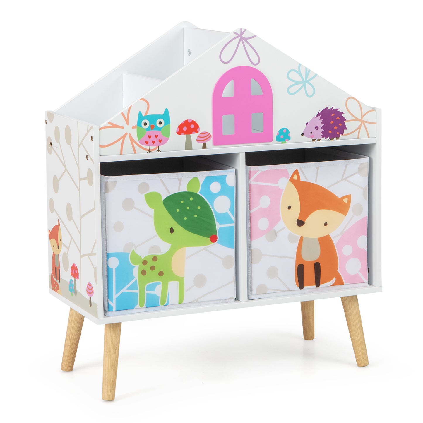 Kids House-shaped Bookshelf with 2 Storage Bins for Kids Room Playroom-White