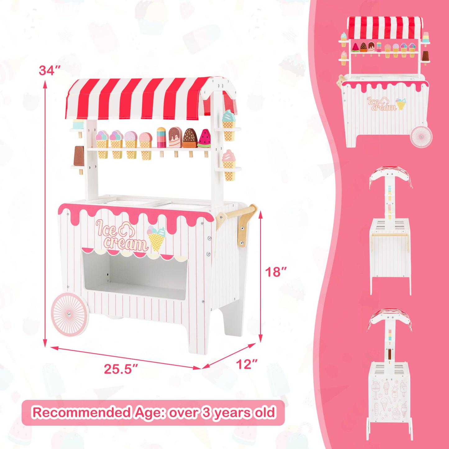 Ice Cream Cart Playset with Display Rack and Accessories