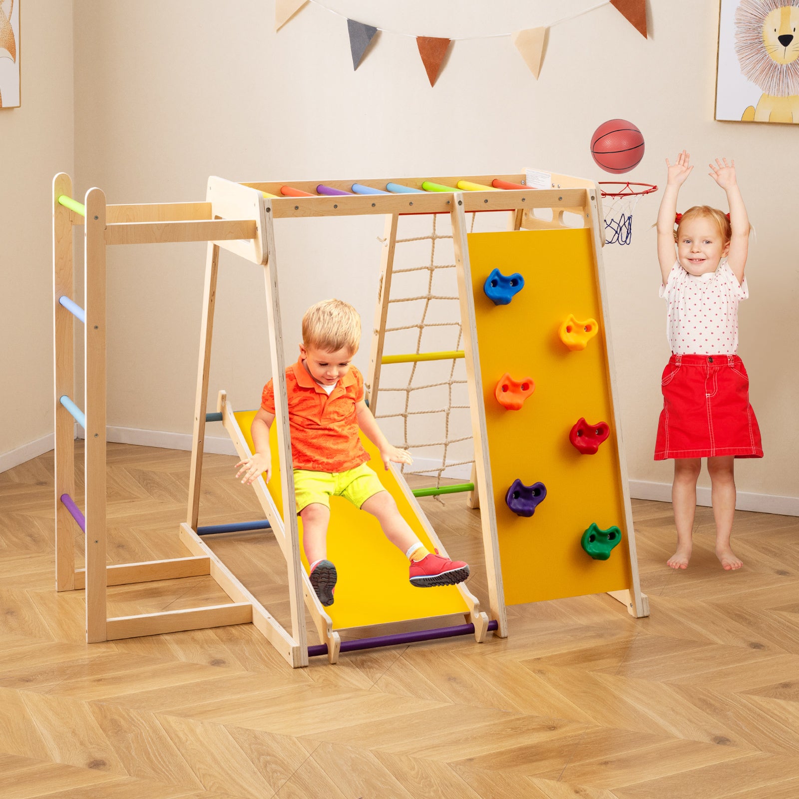 Kids Indoor Playground 6-in-1 Jungle Gym for 3-14 Years Olds-Rainbow