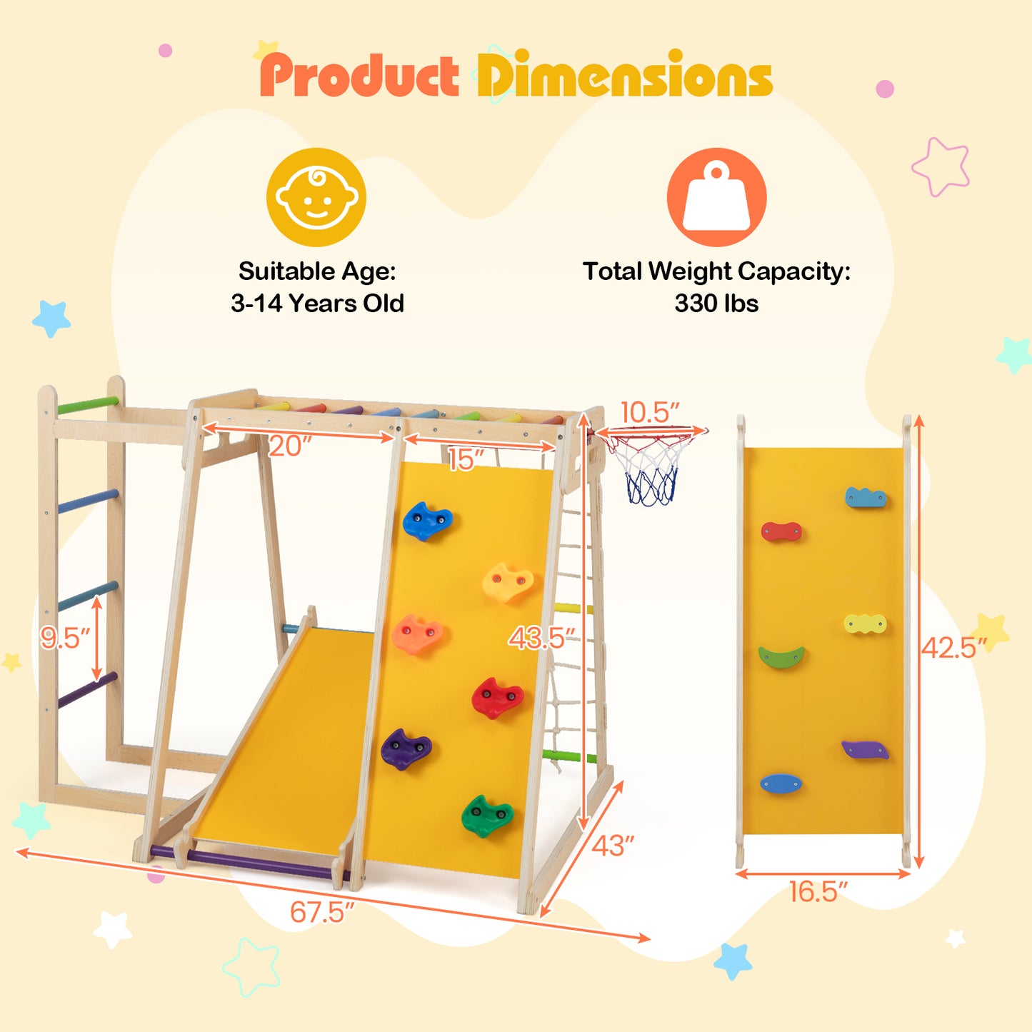 Kids Indoor Playground 6-in-1 Jungle Gym for 3-14 Years Olds-Rainbow