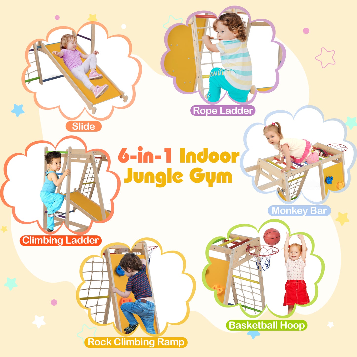 Kids Indoor Playground 6-in-1 Jungle Gym for 3-14 Years Olds-Rainbow