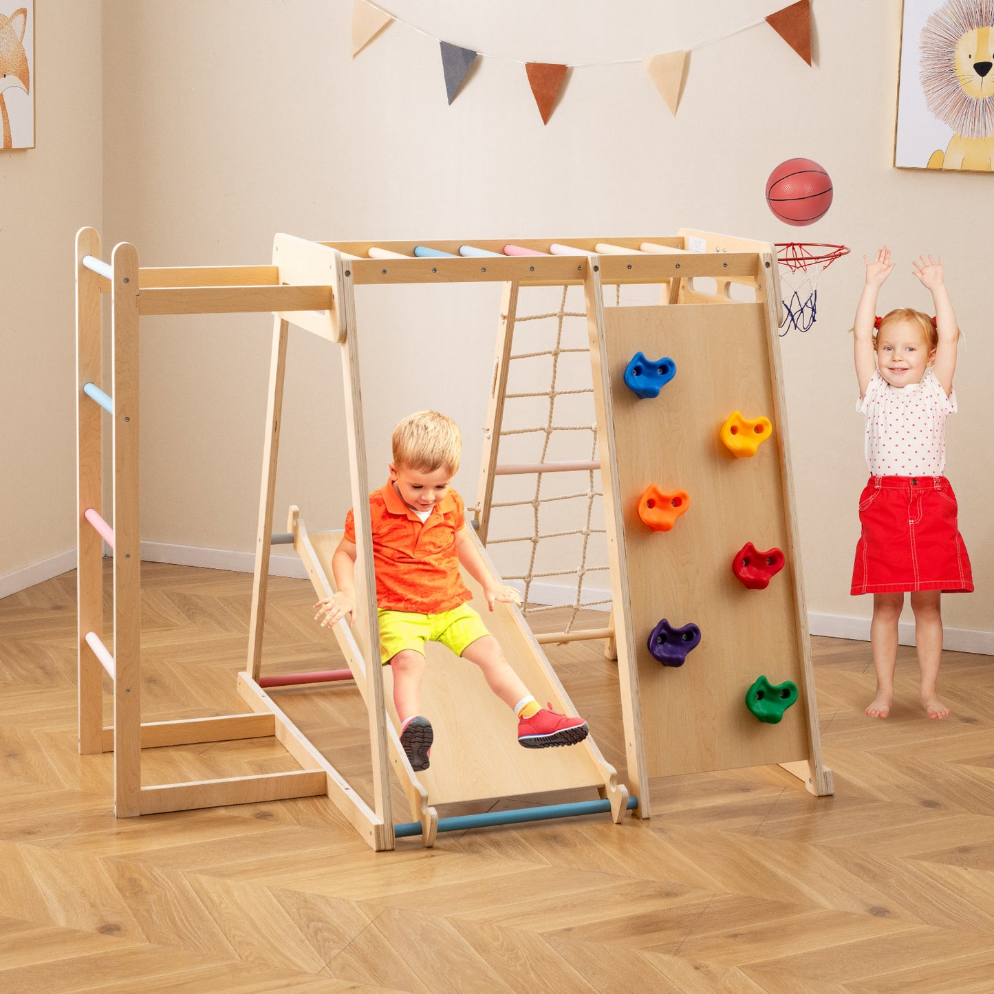 Kids Indoor Playground 6-in-1 Jungle Gym for 3-14 Years Olds-Macaron
