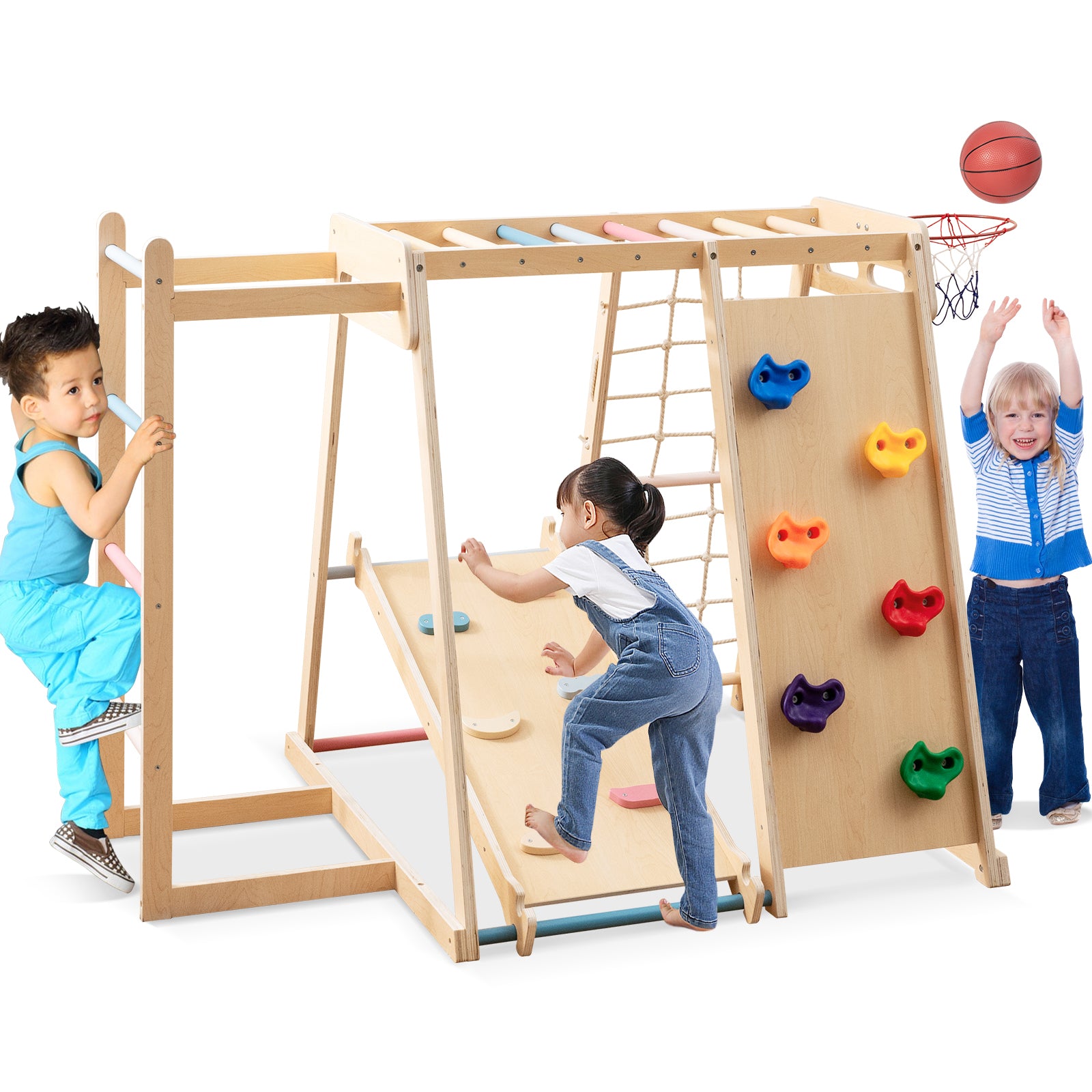 Kids Indoor Playground 6-in-1 Jungle Gym for 3-14 Years Olds-Macaron