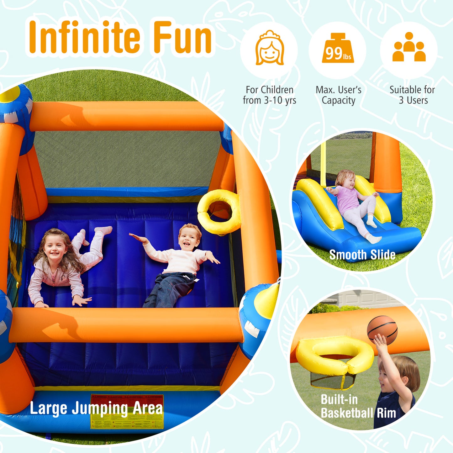 Kids Inflatable Bounce House Magic Castle with Large Jumping Area with 735W Blower