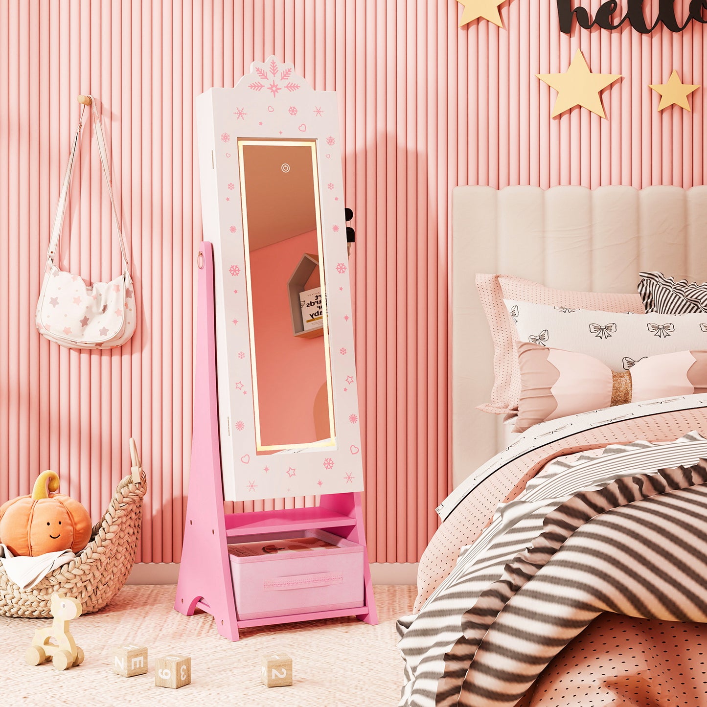 Kids Jewelry Armoire Freestanding Jewelry Cabinet with 3-Color Lighted Full Length Mirror-White