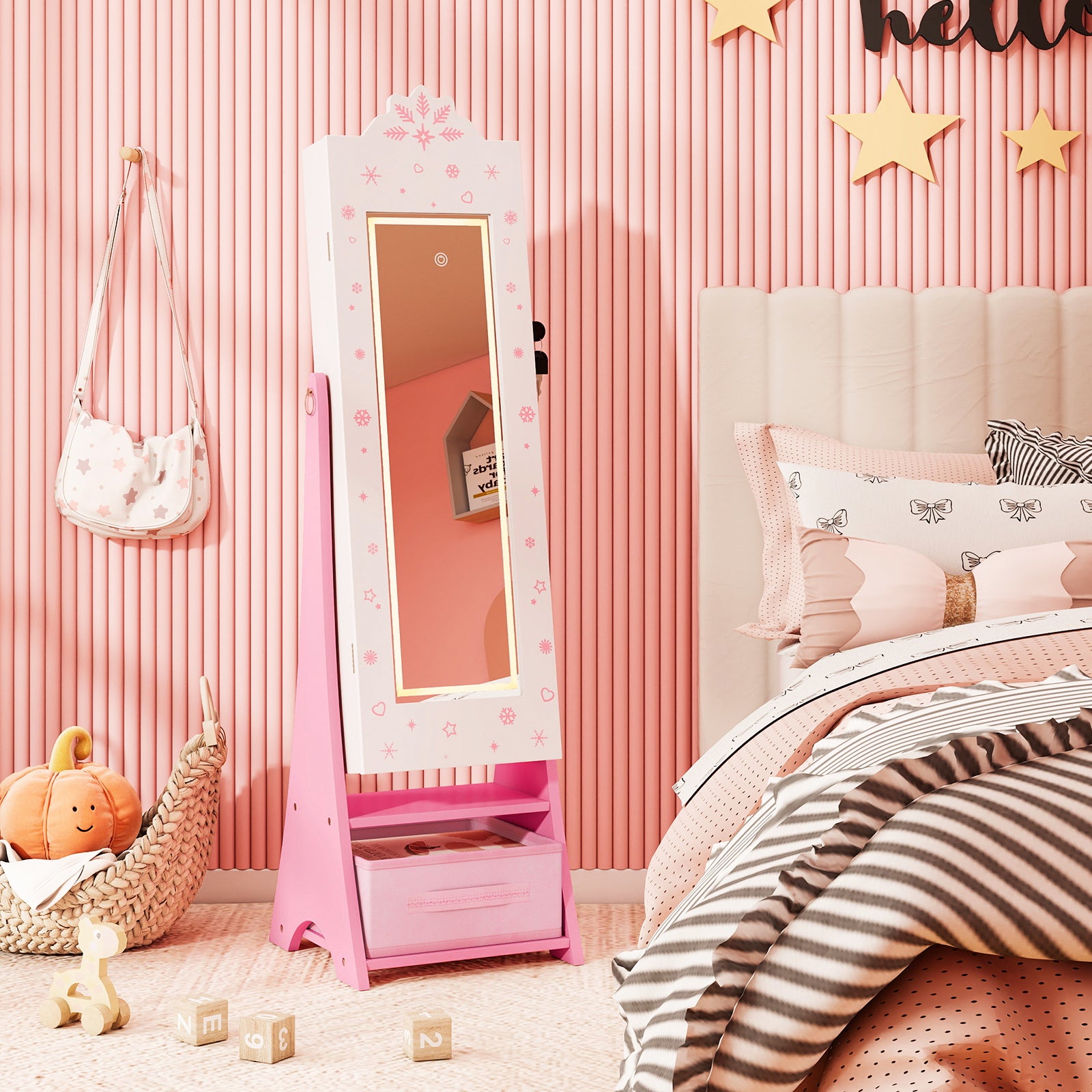 Kids Jewelry Armoire Freestanding Jewelry Cabinet with 3-Color Lighted Full Length Mirror-White