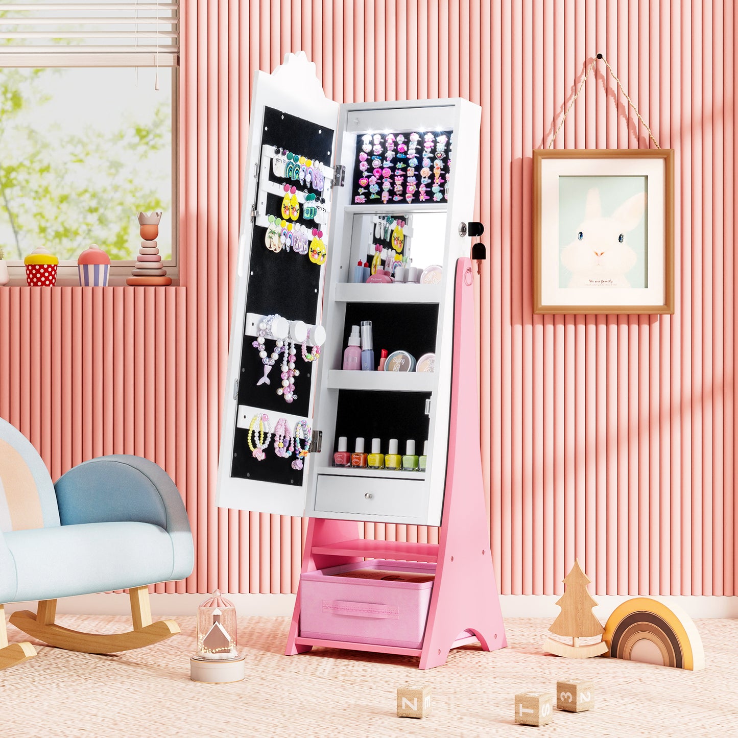 Kids Jewelry Armoire Freestanding Jewelry Cabinet with 3-Color Lighted Full Length Mirror-White