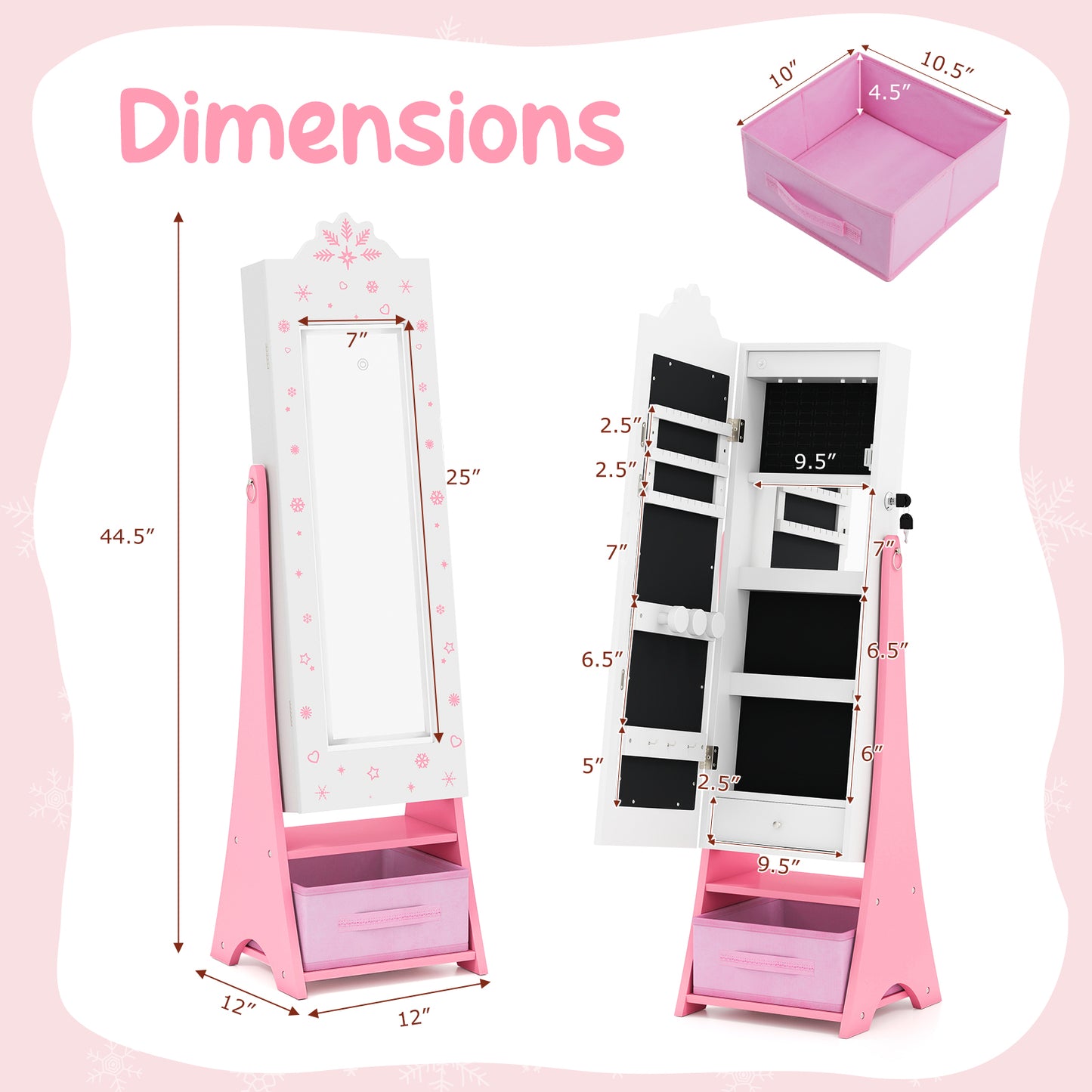 Kids Jewelry Armoire Freestanding Jewelry Cabinet with 3-Color Lighted Full Length Mirror-White