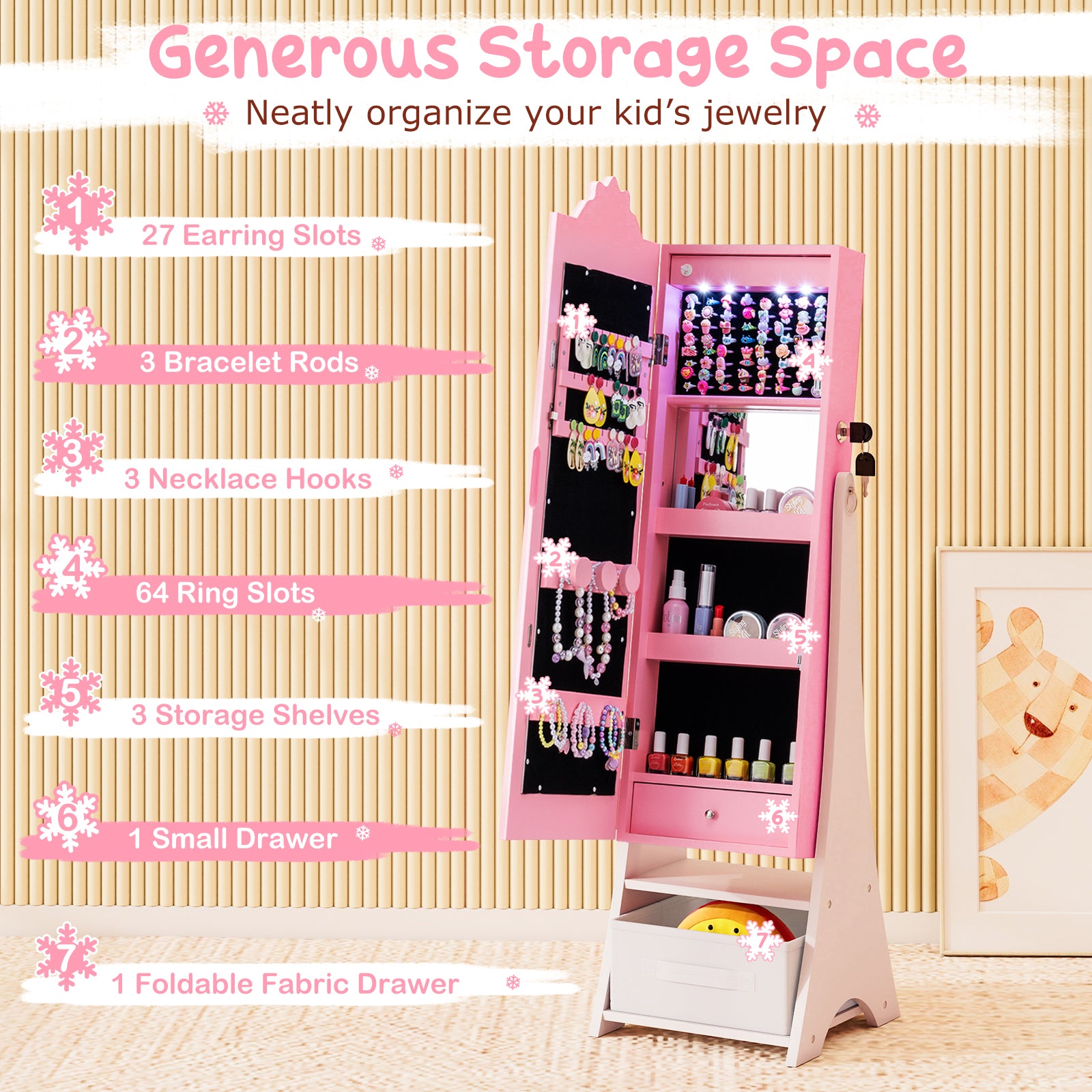 Kids Jewelry Armoire Freestanding Jewelry Cabinet with 3-Color Lighted Full Length Mirror-Pink