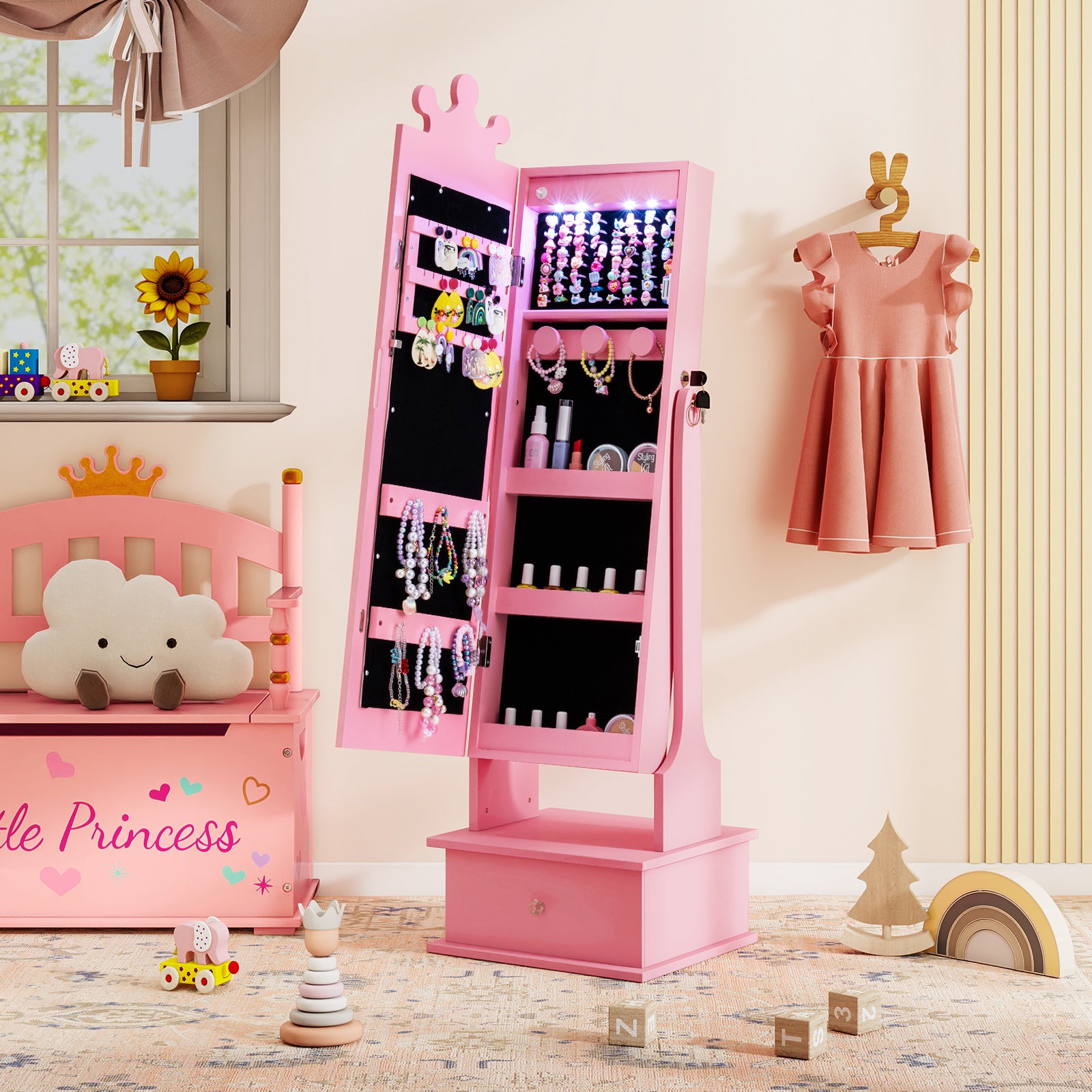 Kids Jewelry Armoire with 3-Color Lighted Full Length Mirror and Inside Led Lights-Pink