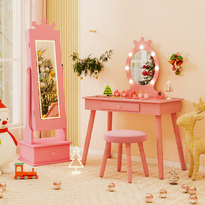 Kids Jewelry Armoire with 3-Color Lighted Full Length Mirror and Inside Led Lights-Pink
