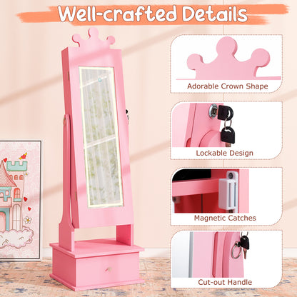 Kids Jewelry Armoire with 3-Color Lighted Full Length Mirror and Inside Led Lights-Pink