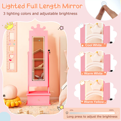 Kids Jewelry Armoire with 3-Color Lighted Full Length Mirror and Inside Led Lights-Pink