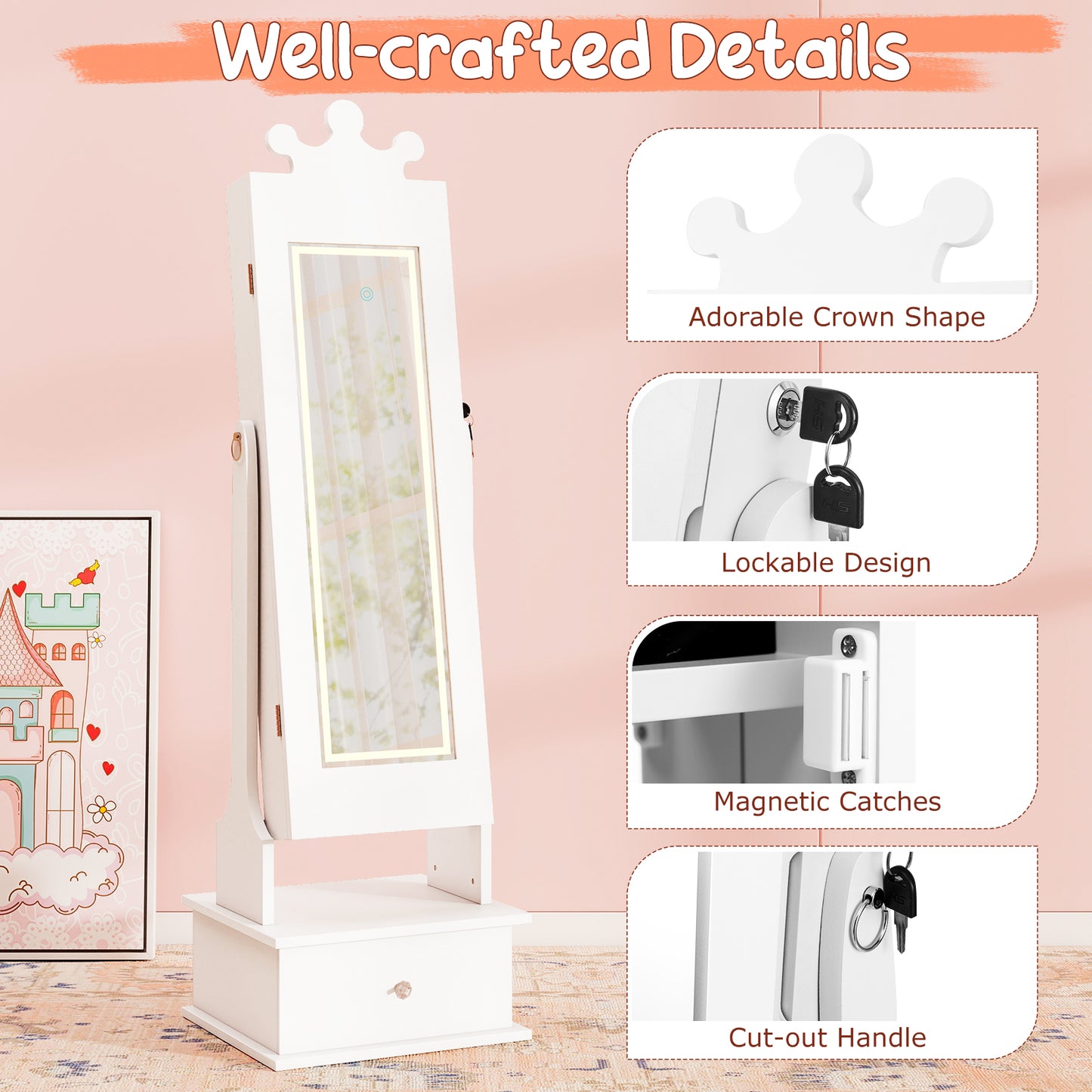 Kids Jewelry Armoire with 3-Color Lighted Full Length Mirror and Inside Led Lights-White
