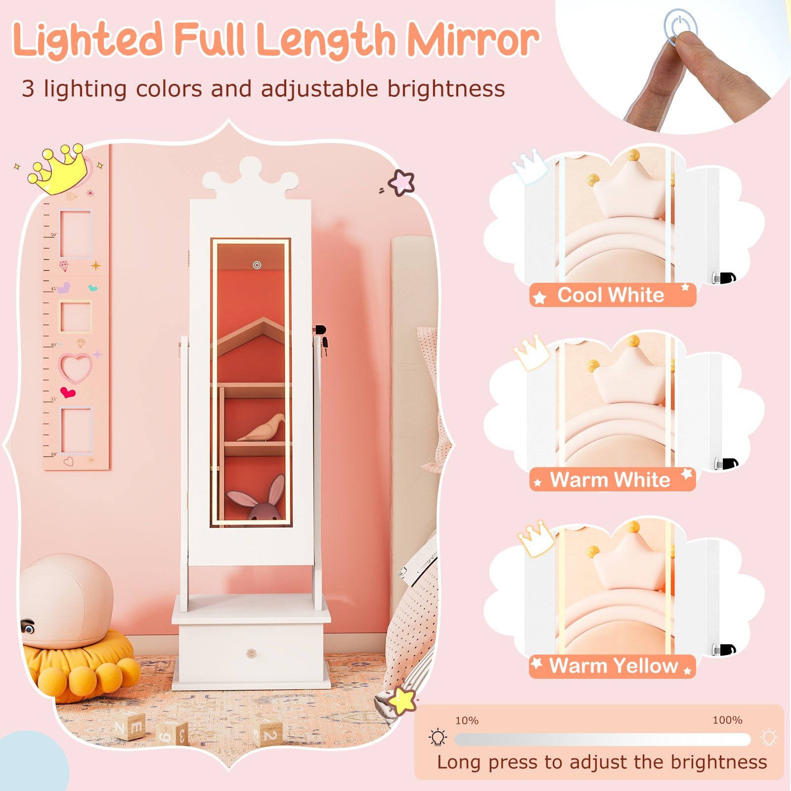Kids Jewelry Armoire with 3-Color Lighted Full Length Mirror and Inside Led Lights-White