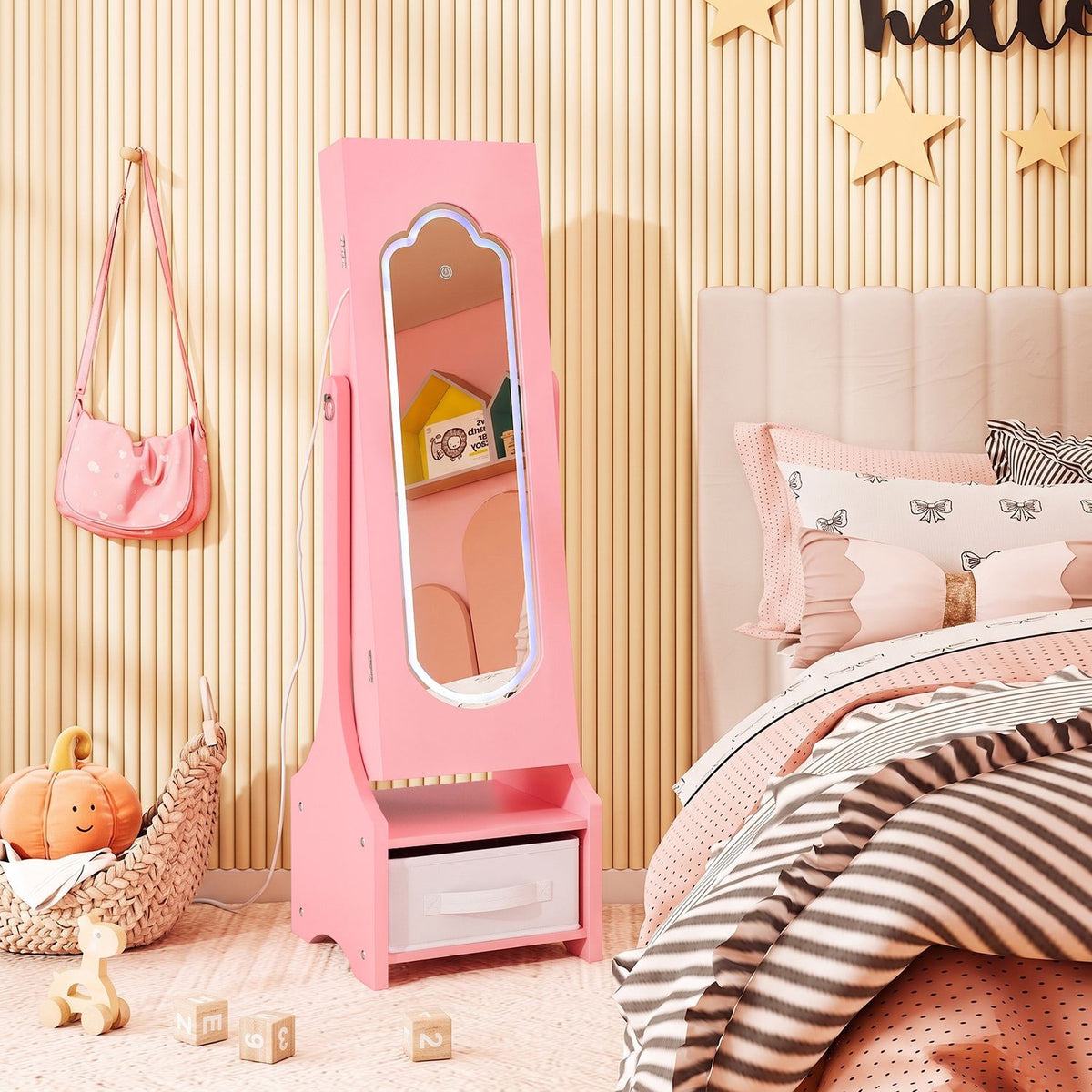 Kids Jewelry Armoire Cabinet with LED Light and Full-Length Mirror Storage Slots-Pink