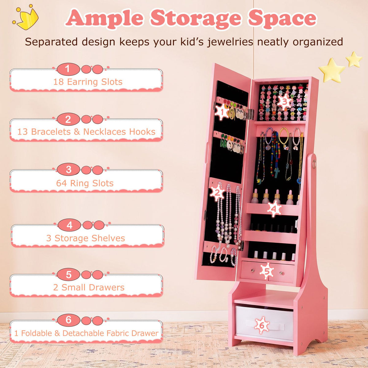 Kids Jewelry Armoire Cabinet with LED Light and Full-Length Mirror Storage Slots-Pink